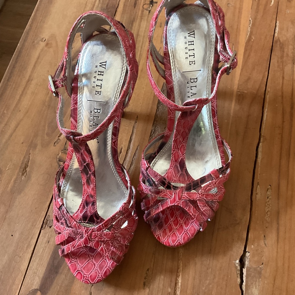 White House Black Market pink snakeskin heels